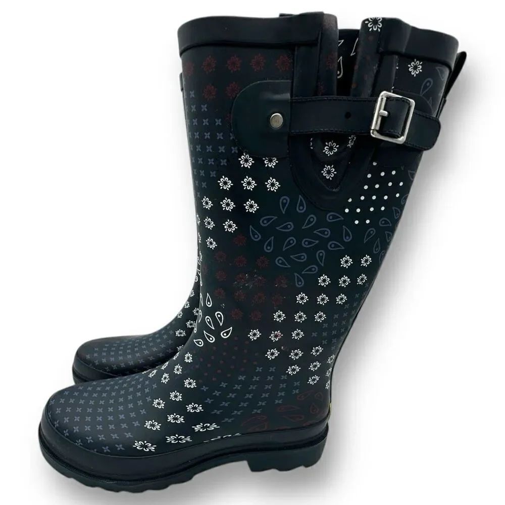 New Western Chief Womens Pretty Pattern Printed Tall Rain Boots Navy Blue Size 6